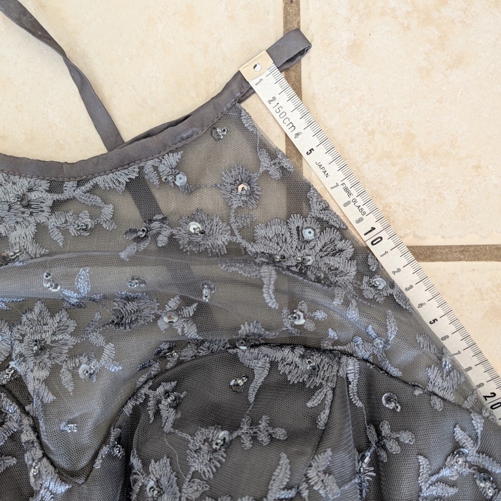 Size L/XL Beaded Grey Silver Cross-Back Mesh Boat Neck Formal Prom Dress Gown - Picture 13 of 15